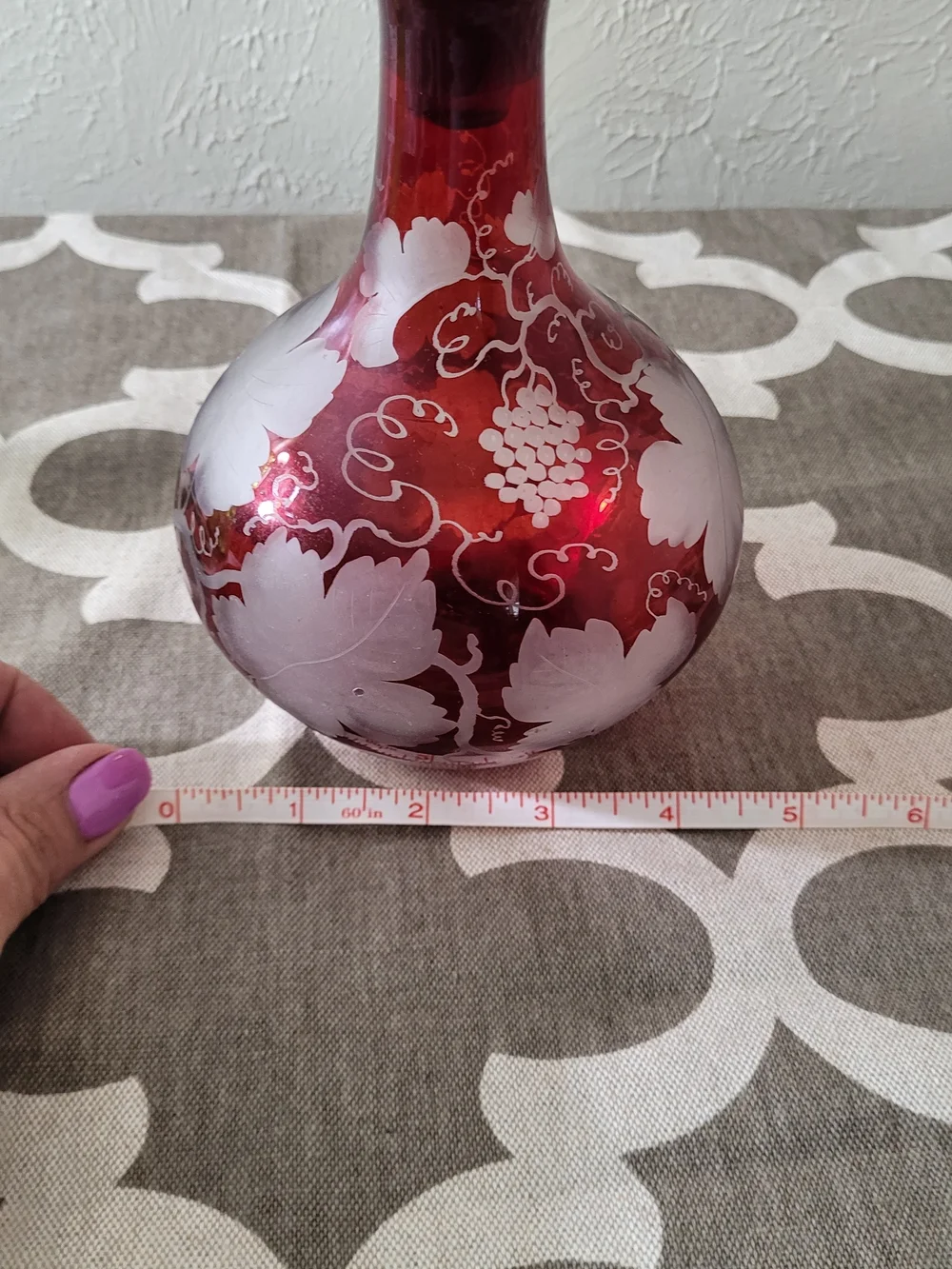 Ruby Red Etched Glass Vintage Bohemian Style Decanter
